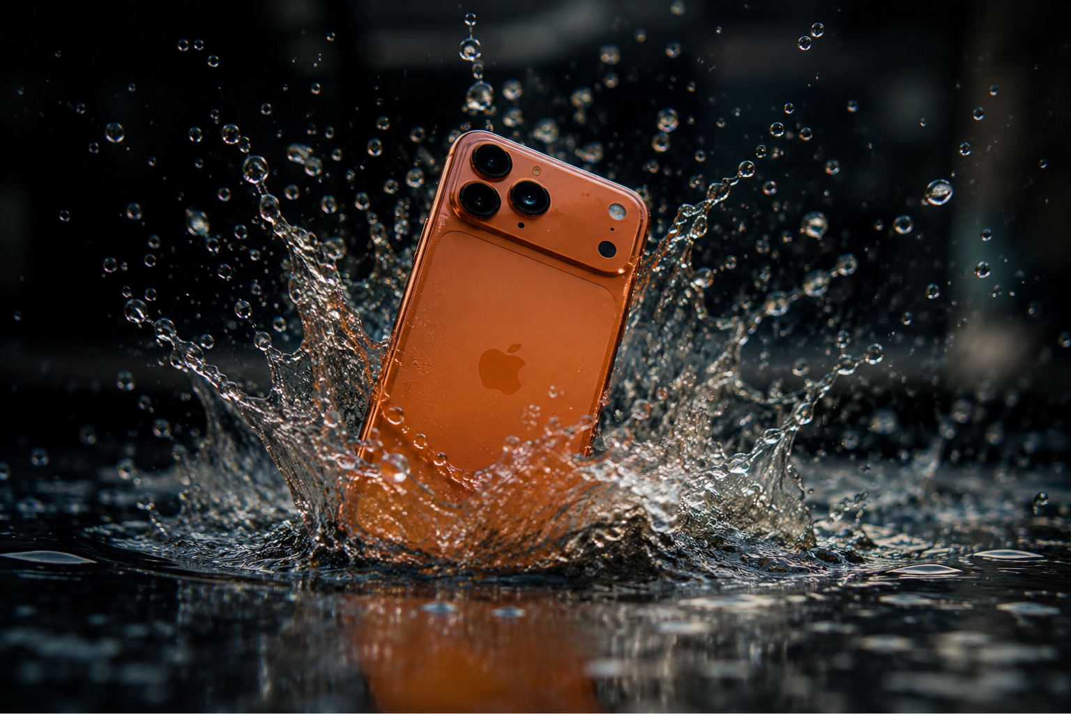 Best phones in India 2026. Orange iPhone falling into water with dramatic splash effect on dark background