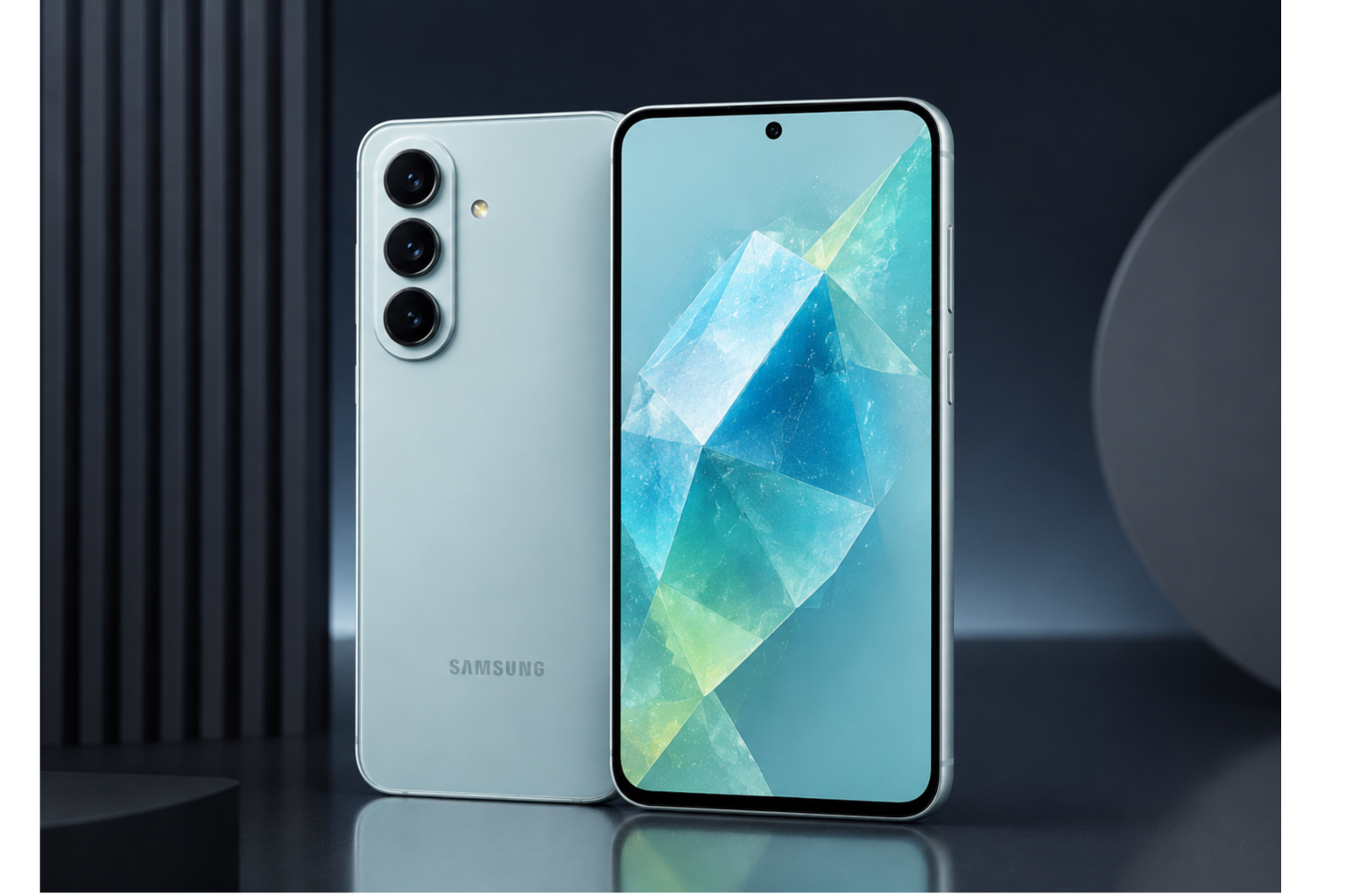 Samsung Galaxy A57 5G smartphone with premium design and triple rear camera setup in studio background.