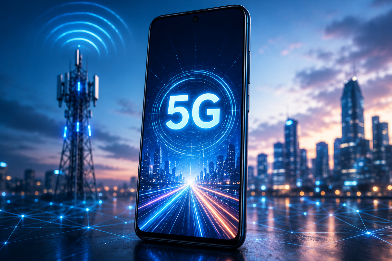 2026 me 5G phone lena chahiye ya nahi dikhata modern smartphone, fast internet speed aur futuristic smart city technology concept.