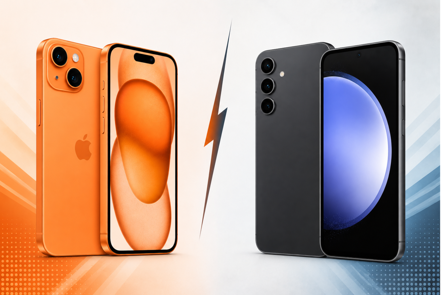 iPhone vs Samsung kaun sa phone better hai comparison image featuring orange iPhone 15 and Samsung Galaxy S23 FE premium smartphones 2026