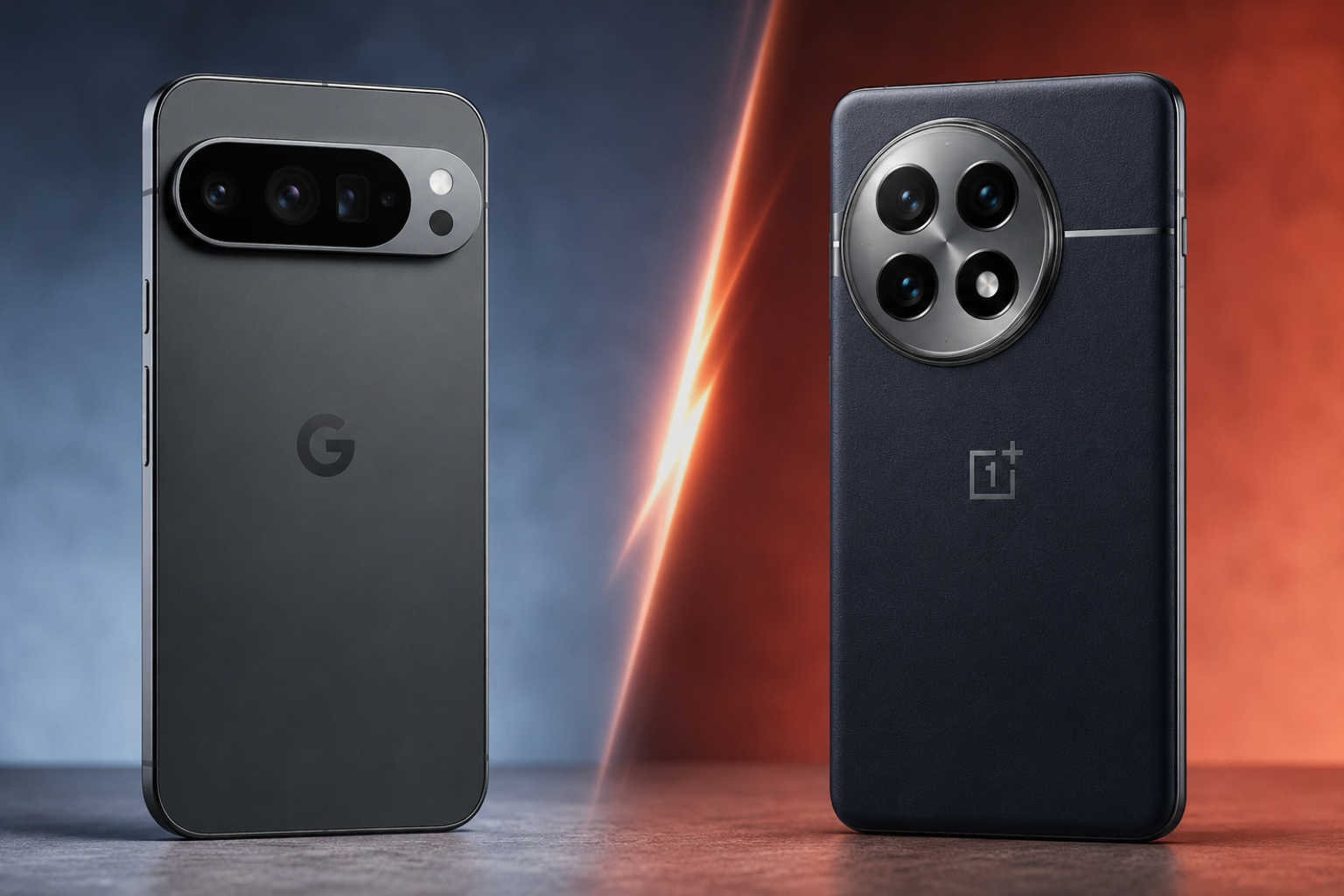 Google Pixel 10 Pro vs OnePlus 13 flagship smartphone comparison image with premium design and camera setup
