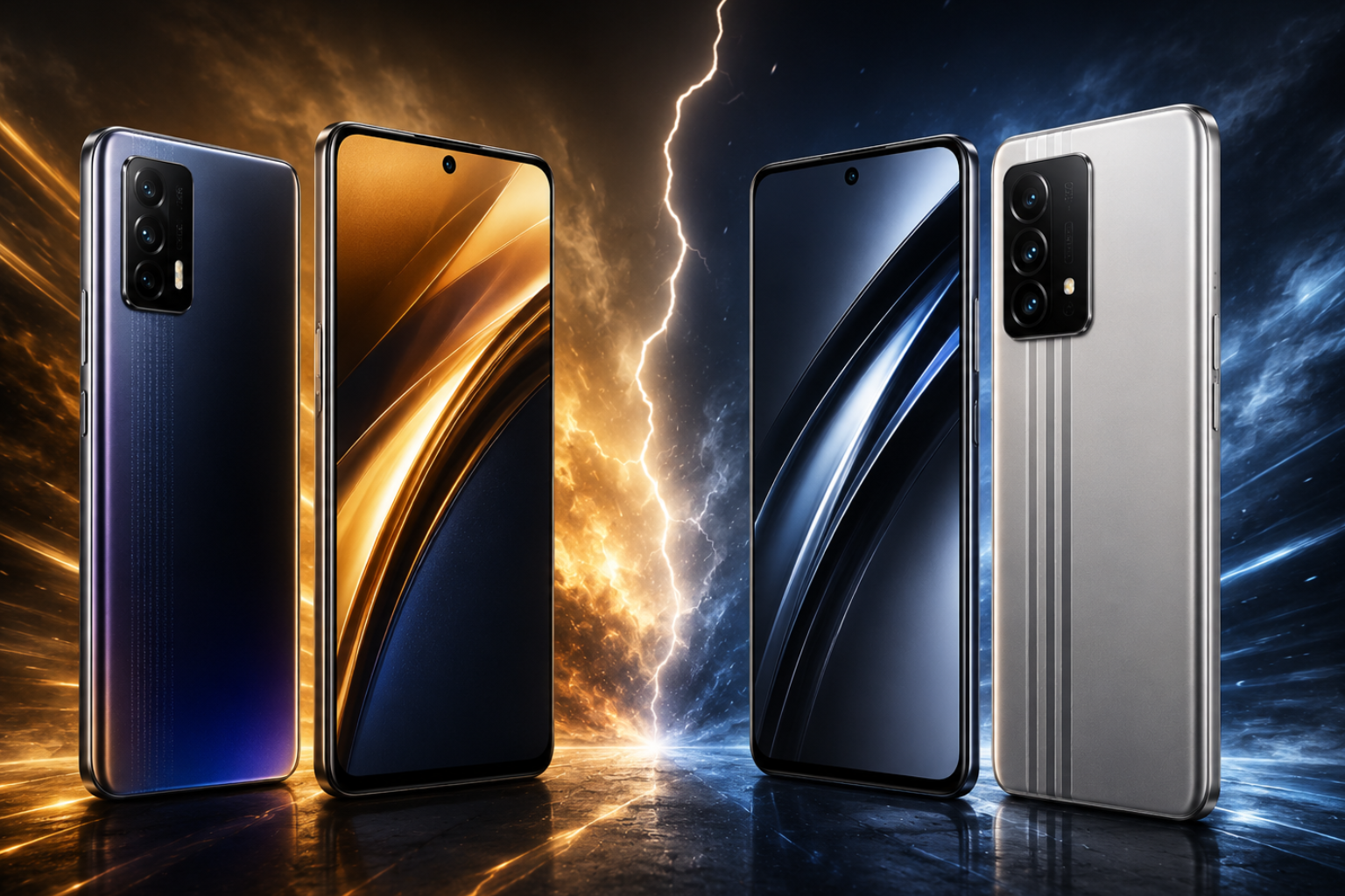 iQOO Neo vs Realme GT comparison image showing both smartphones from front and back with premium gaming-style blue and orange background.