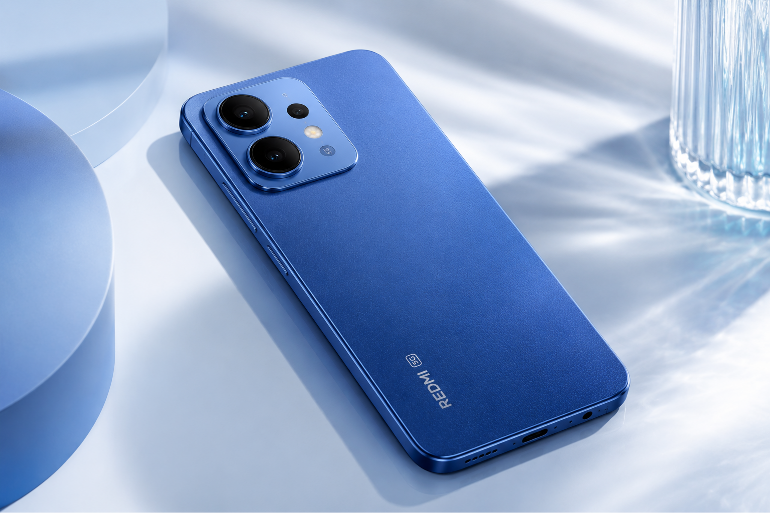 Redmi 15C 5G blue color smartphone featuring premium design, dual rear camera, 6000mAh battery and 120Hz display