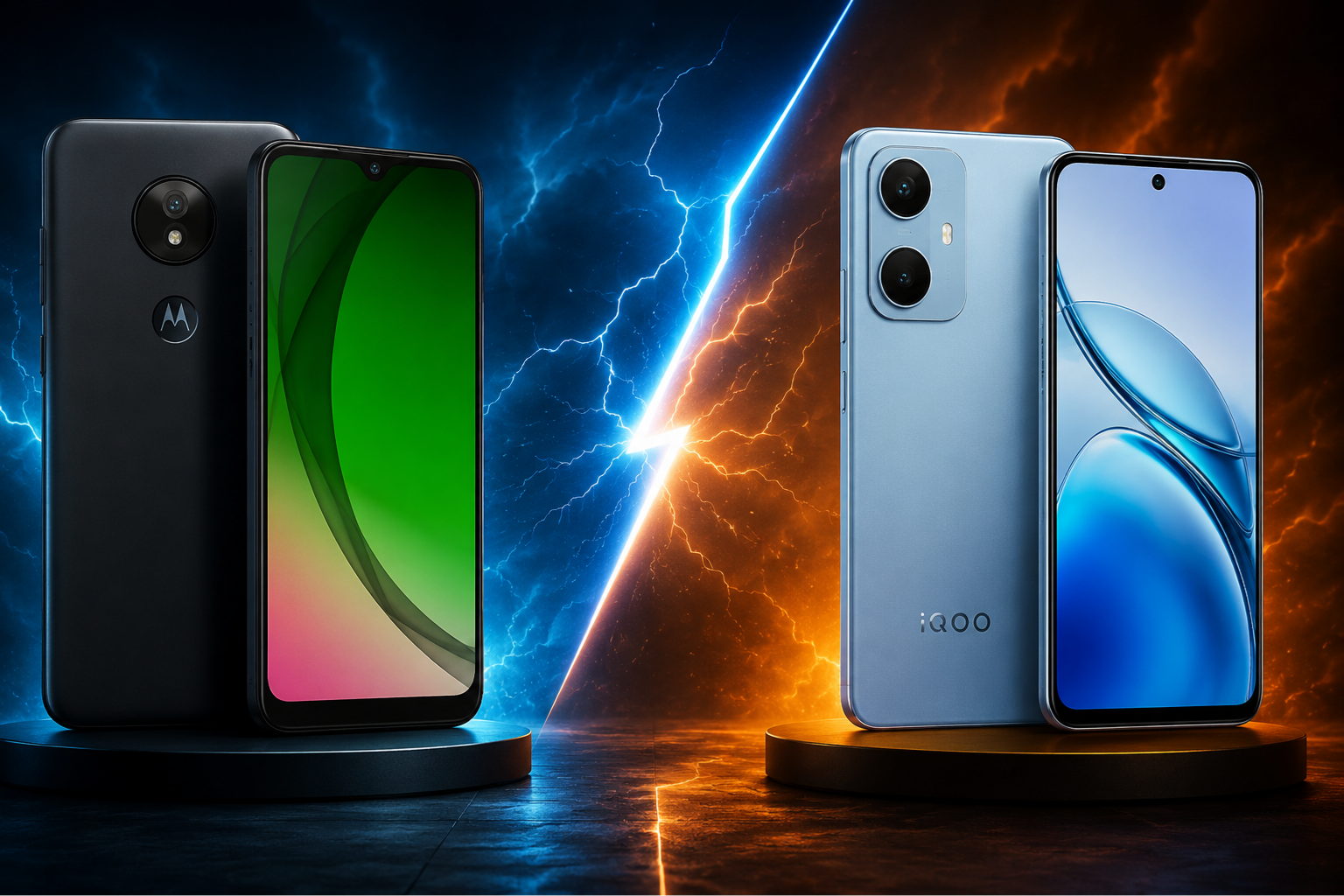 Moto G7 Power vs iQOO Z10 Lite ka premium comparison image, jisme dono smartphones stylish cinematic background ke saath saamne-saamne dikh rahe hain.