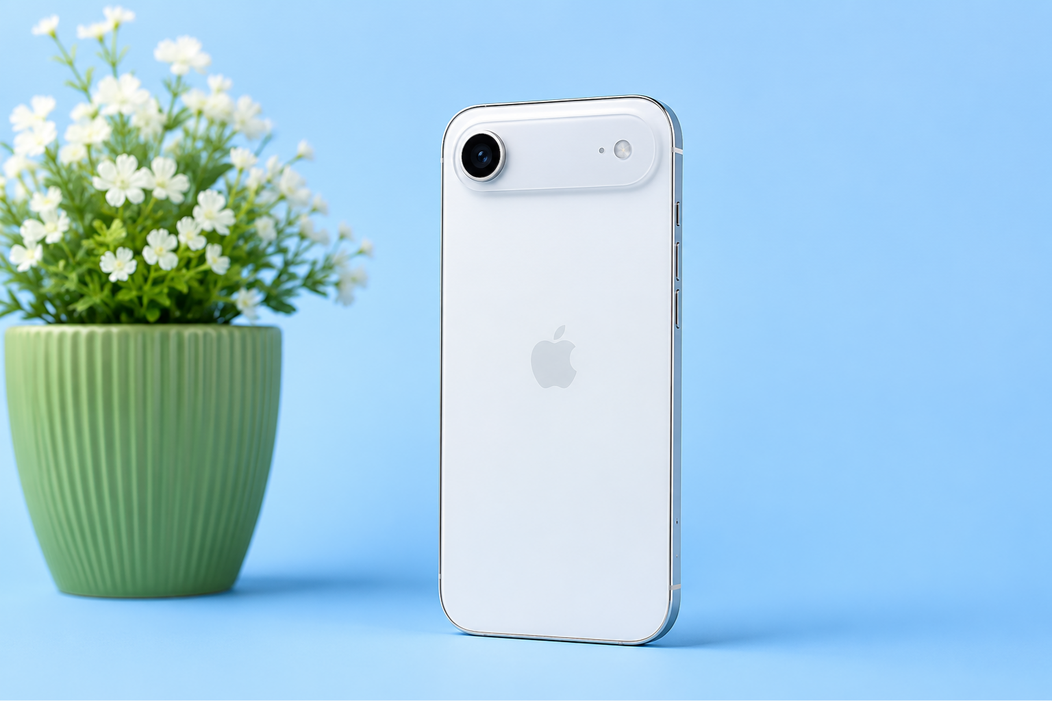 Sky Blue बैकग्राउंड पर रखा iPhone 17 Air, साथ में ग्रीन फ्लावर पॉट और प्रीमियम मिनिमल सेटअप।