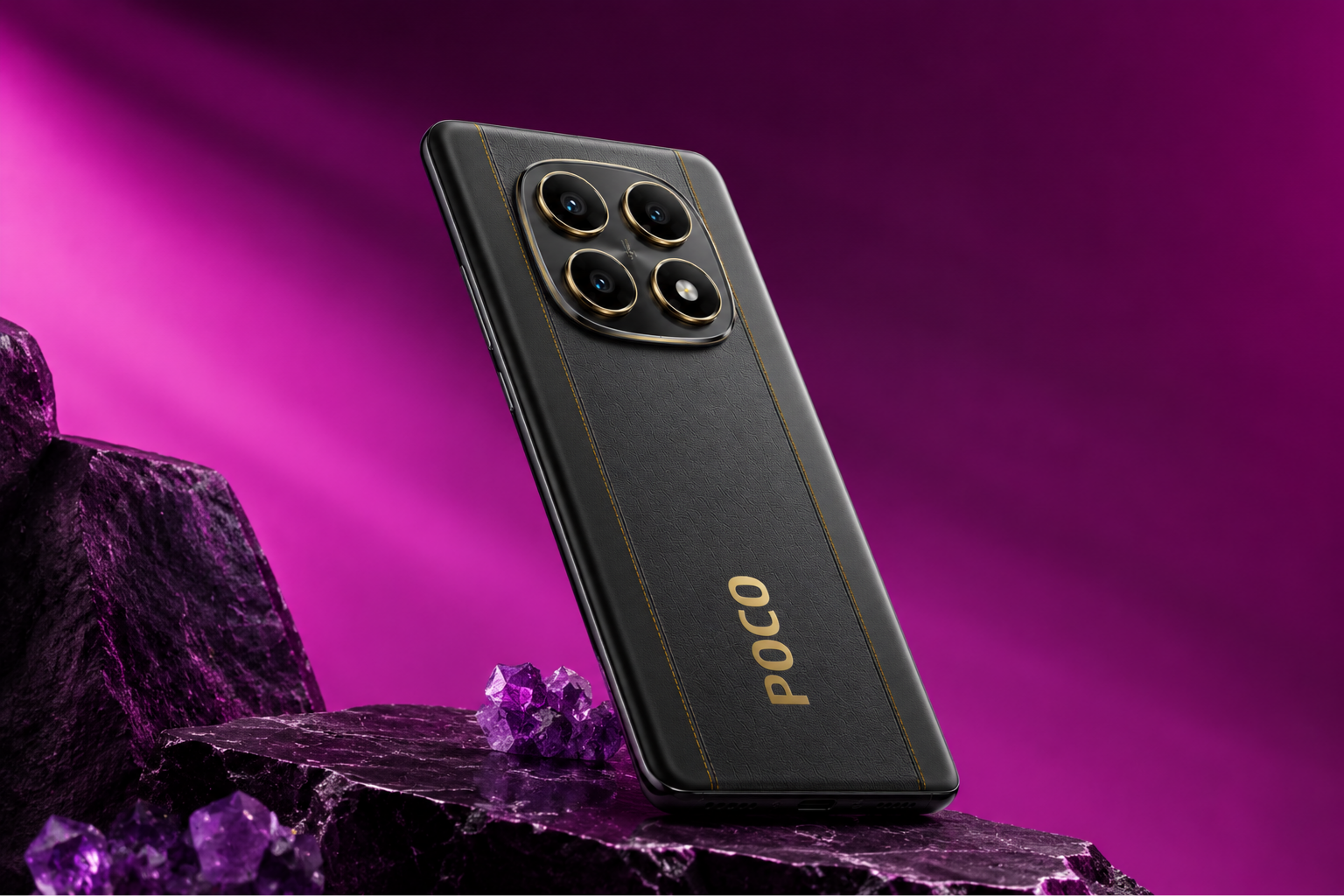 POCO X7 Series smartphone with premium design on a purple and pink background