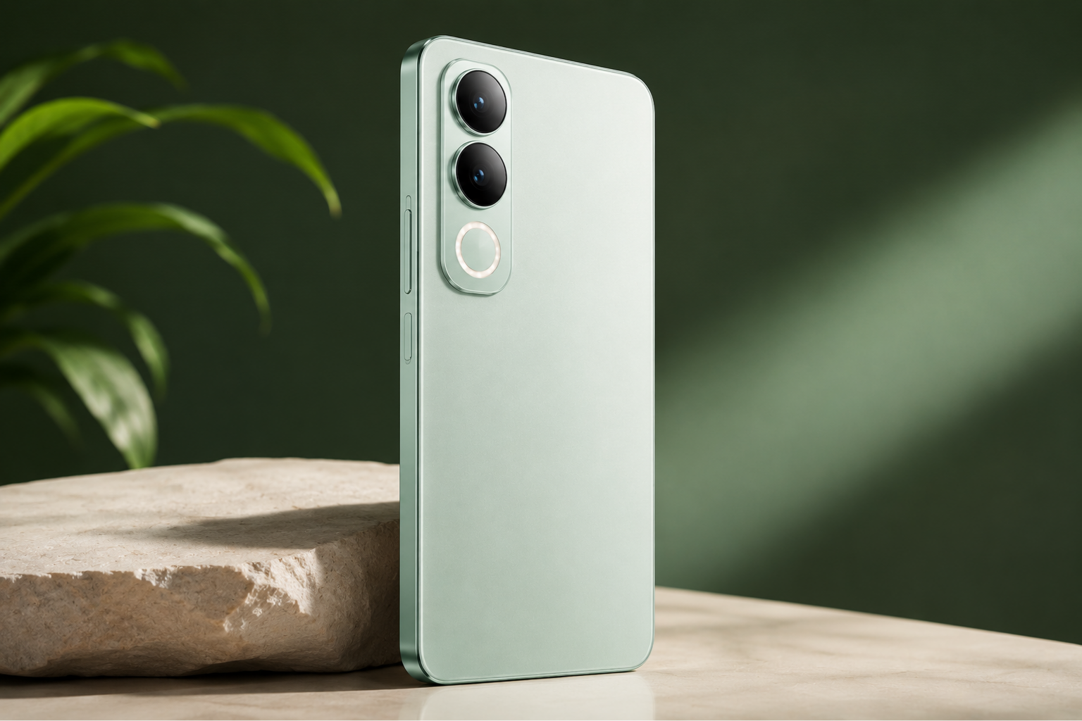 vivo T5e Review smartphone back design with dual camera and premium green background