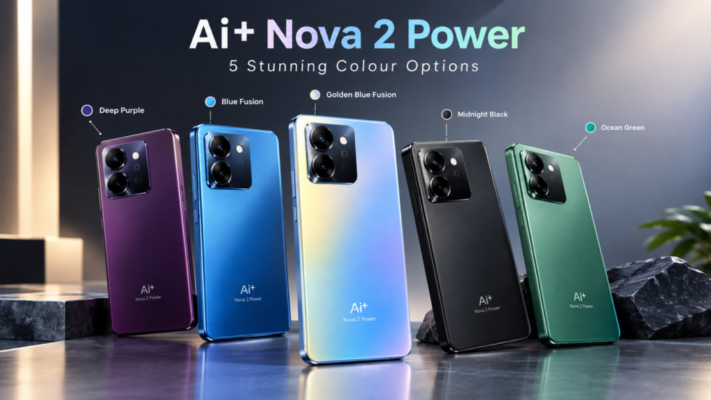 Ai+ Nova 2 Power के पांच Colour Options Deep Purple, Blue Fusion, Golden Blue Fusion, Midnight Black और Ocean Green