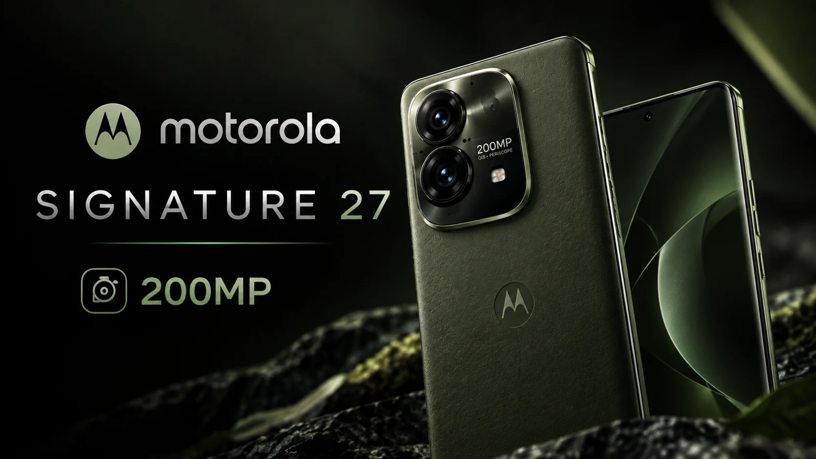 Motorola Signature 27 5G smartphone in Pantone Capulet Olive with 200MP periscope camera