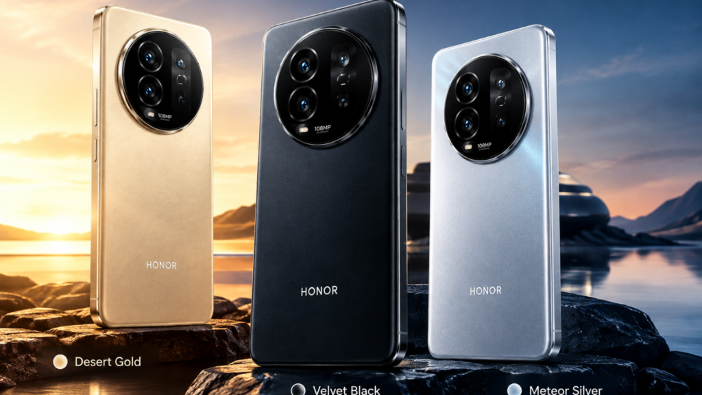 Honor 600 Elite 5G Desert Gold, Velvet Black और Meteor Silver रंगों में