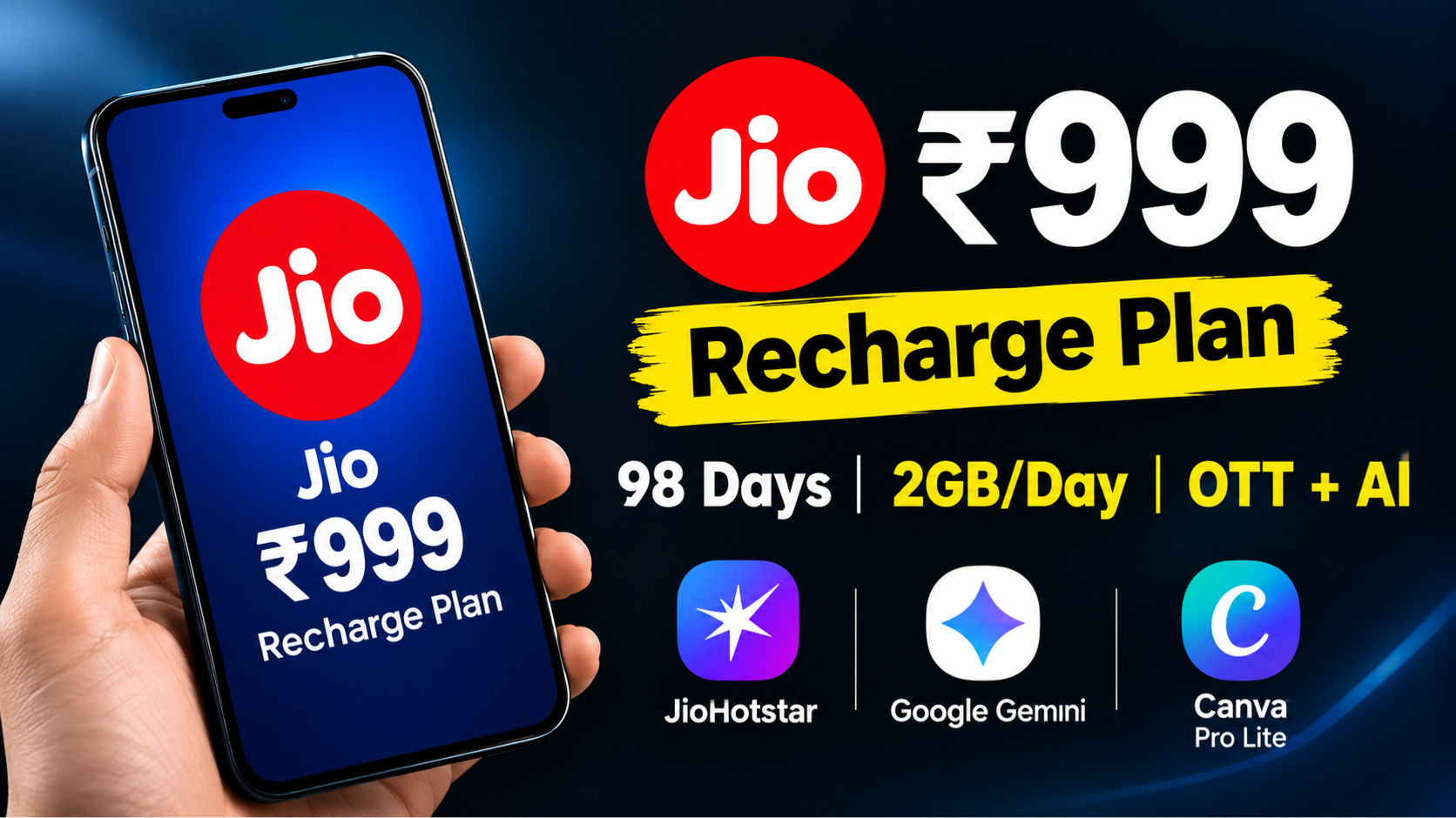 Jio ₹999 Recharge Plan 98 दिन 2GB डेटा और OTT AI फायदे