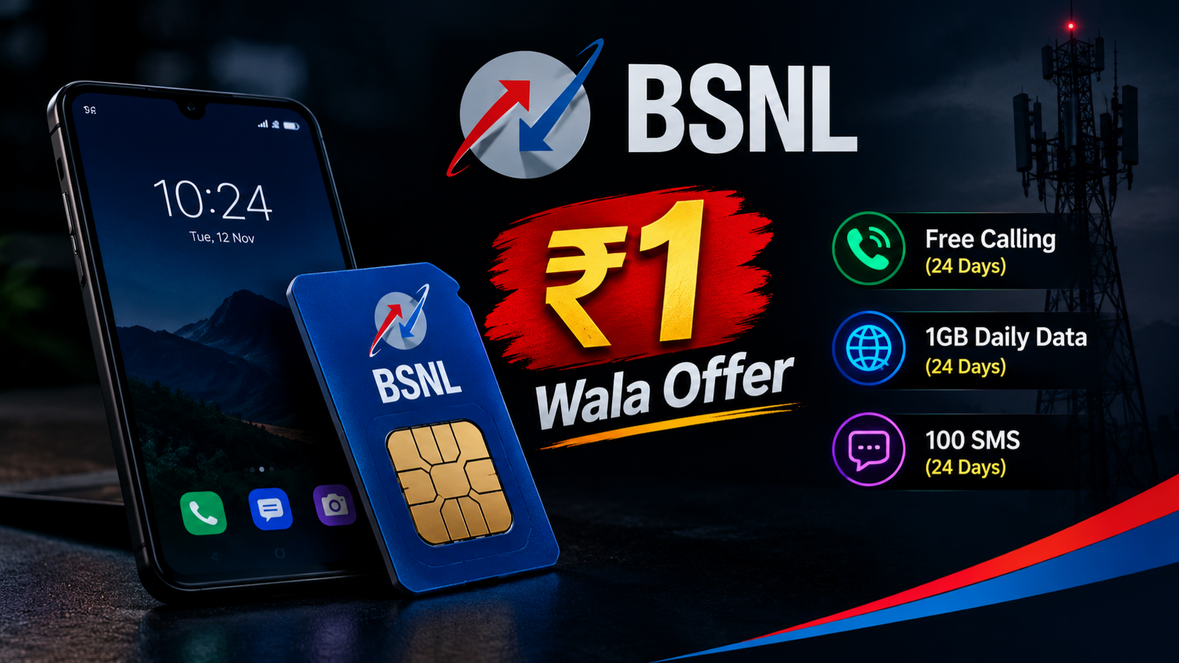 BSNL ₹1 Wala Offer में 24 दिन तक फ्री कॉलिंग और रोज 1GB डेटा
